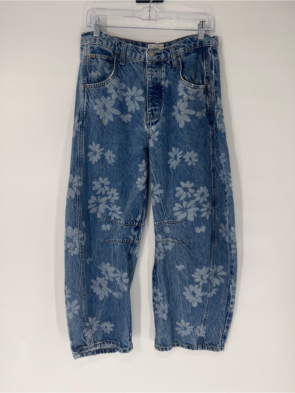 We The Free Good Luck Barrel Mid Rise Blue Floral Daisy Print Denim Jeans 28
